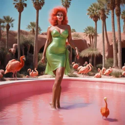[high res photo by Russ Meyer] In the dazzling city of Las Vegas, Clad in a short green dress that sparkles under the desert sun, the Orangutang Queen finds herself in a most curious setting—a pink swimming pool teeming with flamingos and bananas, ready to fight, in dust, rust and blood, her body is covered with cartridge belts