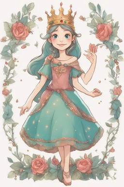 The spirited princess, known for her adventurous spirit. She would wear a vibrant and stylish dress, with a touch of playfulness. Her crown would be a dainty and whimsical circlet, adorned with colorful gemstones.