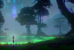 Immersive​ fantasy elven town city in the deep forest with ancient elder tree beautiful blossom nature river 4k full hd