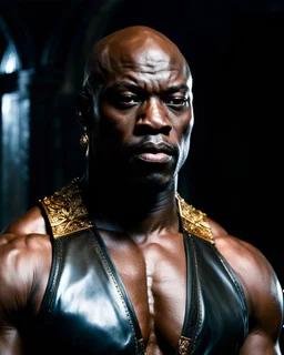 Adewale Akinnuoye-Agbaje x morris cheshunt as a handsome dark skinned and muscular heavy set man with a bald head and neatly trimmed beard. he is wearing a leather waistcoat and no shirt. he has a gold earing in his left ear. standing in a dungeon dark fantasy