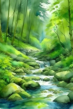 view of a Forrest stream backgound, Acrylic, water-color, illustration, low detailed --style raw