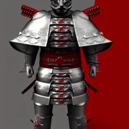 Modélisme trois dimensions, chat, anthropomorphique, habillé comme un samurai, armure très détaillé, armure rouge, armure argent