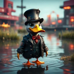 punk duck devil pimp in pond, in the style of a fallout 4,bokeh like f/0.8, tilt-shift lens 8k, high detail, smooth render, down-light, unreal engine, prize winning