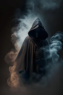a man in a medival dark hooded cloke surrounded by smoke fullbody