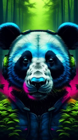Futuristic Panda in face mask colourful nuclear forest art ,Hyperrealistic stunning Master piece