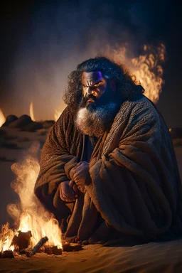 full figure photography of a giant tall 55 year old burly angry chubby arab bearded, curly hair, long beard, manly chest, traditional robe, bulge, angry eyes , photorealistic, ambientmidnight, lit by bonfire, ambient occlusion, occlusion, side light , sitting in the desert