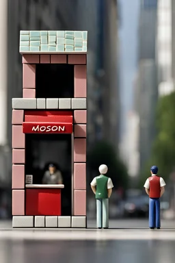 Minimalistic solid colored porcelain clay miniature figurine of vacant and empty street commercial walk-in kiosk, covered with mosaic. Contemporary urban art gallery context. Silver ratio proportions composition, 7 centimeters height, semi-height wide shop windows and door, small square window for cash in facade, on legs, circa 2000, flat roof, one-story, one-room. Inspired by Bruno Munari, Benetton, gestalt theory, geometry of Castel del Monte, brutalism, synchronism