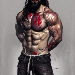 painted portrait of rugged man, blood stained, dark long hair, masculine, handsome, upper body, grey and silver, muscular, hairy torso, fantasy, intricate, muscular, elegant, highly detailed, digital painting, artstation, concept art, smooth, sharp focus, illustration, art by gaston bussiere and alphonse mucha