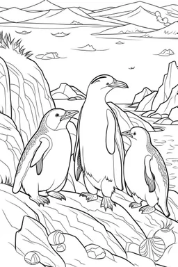 Cute penguins on a snowy cliff, perfectly adapted to the harsh Antarctic climate, clean line art, monochrome, for kids coloring book, white background