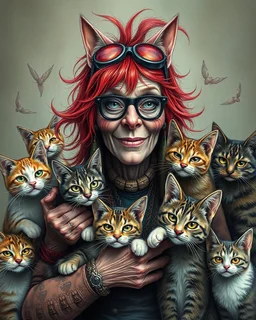 old lady punk rocker with red hair, with her dozens of cats. By Vanja Vukelic, Benjamin Lacombe, Victor Brauner, Eileen Agar, Alex Grey, Michael Cheval and Naoto Hattori. Modifiers: sharp focus extremely detailed fantasy intricate very attractive award winning fantastic view hdr very cute pencil sketch science fiction complex insanely detailed whimsical fantastical art magical surrealism