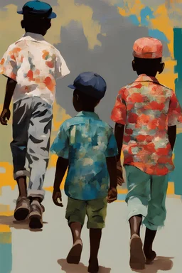 Backview 3 very dark African little boys wearing caps WALKING,in bright floral shirts , background, collage,Njideka Akunyili Crosby,,David Hockney gencraft Jeremy Mann