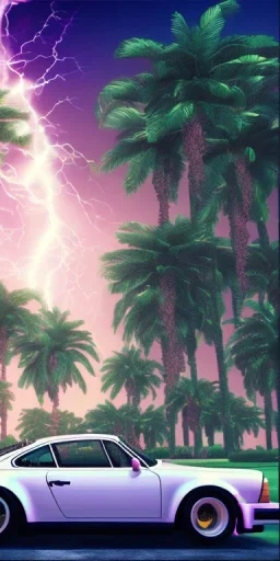 1980's aesthetic vaporwave palm trees and spheres and Porsche with lightning