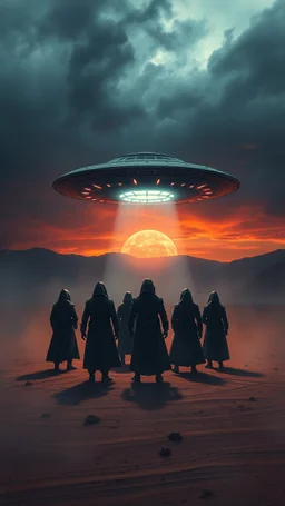 Bosch painting style nightmare , 3D ,a group of men in black led by ufo on the ground in a dramatic misty scene of the sunset time in a stormy weather in the desert background, high Quality picture , 8k