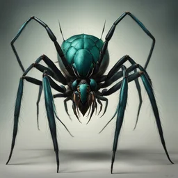 [photorealistic, greenish-blueish] the Arachnomorph Queen, a monstrous hybrid that seemed to defy the laws of nature.Her upper torso was that of an elegant woman, but her lower body morphed seamlessly into a grotesque spider's abdomen. The eight spindly legs that supported her colossal form ended in razor-sharp pikes, glinting ominously in the dim light. The queen's eyes, like shards of obsidian, fixed upon the intruders with a malevolent intelligence.