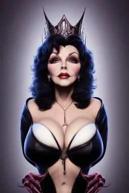 Joan Collins as evil queen in black leather, leather, busty, cleavage, angry, stern look. character design by cory loftis, fenghua zhong, ryohei hase, ismail inceoglu and ruan jia. unreal engine 5, artistic lighting, highly detailed, photorealistic, fantasy