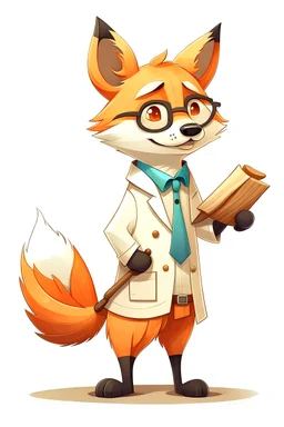 A cute fox with glasses, who carries wood planks and wearing a lab coat
