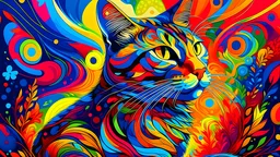 Create a lively and whimsical artwork featuring a cat immersed in a world of swirling patterns and vivid hues, shot with a Canon EOS R5, 85mm lens, f/1.4 aperture, under the warm glow of the afternoon sun, influenced by pop art.