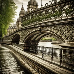A classic stone bridge reminiscent of London Bridge spans a gentle flowing river. Ornate details adorn the elegant structure, complemented by vintage iron railings and lampposts. The scene harmoniously combines historic charm with the modern energy of the city, offering a serene yet lively backdrop for your photos.