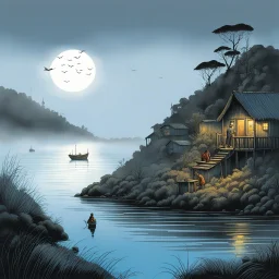 SNIFFIN’ GLUE magazine illustration cover by Marcel Gotlib, special issue an a small fishing village on the mystical island of Chiloé, shrouded in fog and mystery. The villagers whisper about the ancient creatures that lurk in the shadows, tales passed down through generations. One night, a young fisherman named Mateo sets out to sea, unaware of the dangers that await him. As he casts his nets into the dark waters, a creature unlike any he has ever seen emerges from the depths. With the body of