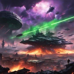 The environment is a shattered battlefield. The background shows a devastated cityscape, buildings reduced to skeletal structures under an apocalyptic, smoke-choked sky painted in swirling hues of toxic green, deep purple, orange, and crimson. Overhead, distant massive capital ships and swarms of smaller fighters engage in a chaotic ballet of laser fire and explosions, illuminating the heavy cloud cover with strobe-like bursts of light and color. The ground itself is torn apart, craters emitting