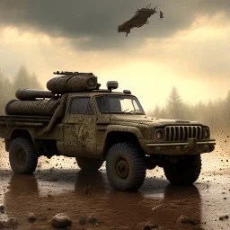 very very very hyperrealistic shot, muddy military pickup truck, heavy guns mounted on back, monotone color palette, sharp focus, puddle reflection, tire water splash, refraction, mist on the horizon, shadowcast, god rays, very very very very detailed and intricate, cinematic composition, macro, tilt shift photography