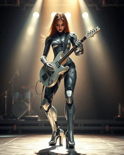 Dynamic pose Rocker, Front view full body all to feet rendering Beautiful Female as Futuristic Hybrid mecha Robot Guitarist body chasing clear surfaces it from made transparency super clear glass explore inside components nature plants, advance design futuristic sci fi picture,find details futuristic stage music background ,Sony Alpha 7 50mm 1.8,medium shot, high-resolution image with fine details,ultra detailed,ultra realistic,extremely realistic,intricate,photorealistic