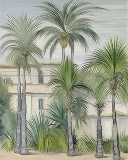 A light gray oasis with tall palm trees painted by Maurice Utrillo