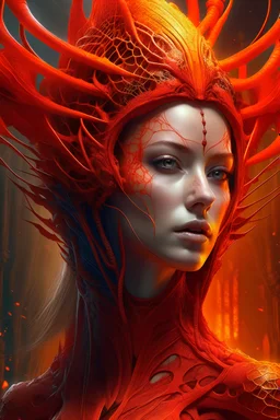 (best quality,4k,8k,highres,masterpiece:1.2),ultra-detailed,(realistic,photorealistic,photo-realistic:1.37),Modern art style, Stefan Gesell style, red orange ratio, fantastic beings, still photo, giant beings