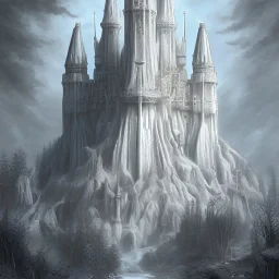 A minas tirith painting in small size over a sketch of the white tree, white to black background, fantasy style