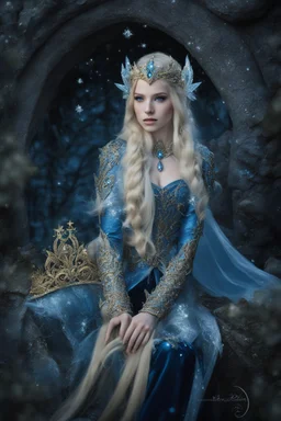 Elven princess,elven crown,long blonde golden hair,rapunzel hair,ice flowers,beautiful,light blue,dark blue,golden armor,sparkle,glitter,ice flowers,snow,elven ears,dark fairy princess