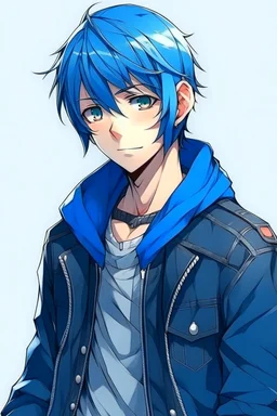 blue haired anime boy in a leather jacket