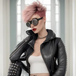 full body portrait -- an absolutely stacked anthropomorphic strawberry with pixie-cut hair, a perfect hourglass figure, perfect face, wearing a studded, black leather biker's jacket and pants with 12-inch platform boots and goggles,