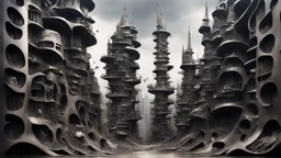 your creativity versus my imagination, tectonic arafed whimsical cityscape clove, Taro Okamoto influence, puṣkaracūḍa, made of scrap metal, detailed rounded forms, great verticals, perfect parallels, industrial vibe, shock of juxtaposition, shinigami, changelingcore, there is ugliness in beauty