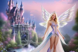 castle in background, beautiful, soft, big smiling, straight and long blonde hair, blues eyes, dewy and shiny atmosphere, diamond crown, long fairy wings in the back, full head, pink veil clothes