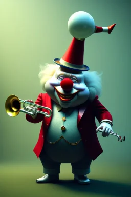 happy fat clown playing trumpet, unreal 5, octane render, cinema4d, dynamic lighting, dramatic lighting, 4k, redshift render, highly detailed, hyper realistic