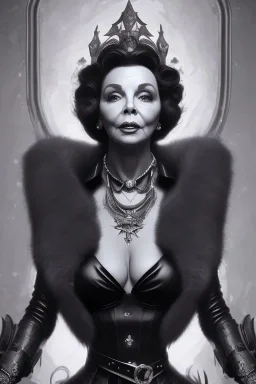 Joan Collins as evil queen in black leather, leather, busty, cleavage, angry, stern look. character design by cory loftis, fenghua zhong, ryohei hase, ismail inceoglu and ruan jia. unreal engine 5, artistic lighting, highly detailed, photorealistic, fantasy