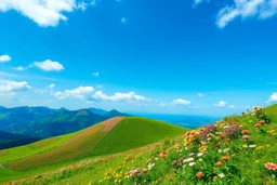 beautiful Green hills covered with flowers colorfull ,blue sky pretty clouds ,some strange flowers with love sumbol ,wonderfull mountains at distance