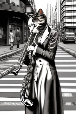 One single mature cat playing saxophone on the street, swinging dress, Osaka, thoughtful, mourning, model style, hyper realistic, extremely accurate, delicate, extremely detailed, Graphic novel style, wide-angle, open aperture, superfine pencil