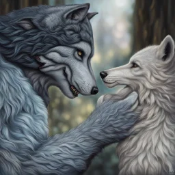 the anthropomorphic gray hairy body wolfman name Teo, holds between his paws the anthropomorphic pale hairy body wolfwoman's face , they look at each other lovingly, blur background, high detalied, realistic, sci-fi and fantasy mood