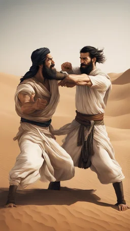 A picture includes two men, in the desert, in old Arab dress, with black hair and a thick beard, fighting with fists, and one of them gives the other a strong blow to the head.