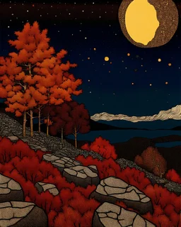Autumn colors, peaceful, Egon Schiele, Max Ernst, night sky filled with galaxies and stars, rocks, trees, flowers, one-line drawing, sharp focus, 8k, deep 3d field, intricate, ornate, one million strokes