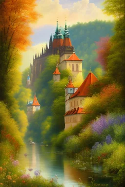 Prague castle, forest, protection of nature, ecology, oil painting, beautiful garden, flowers, warm colors, animals, Czech republic, lake, view