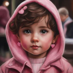 Drawing of a little girl with big hazel eyes and short brown hair with a pink jacket and heart earrings, 2 years old, adorable eyes, cute face, oil pastel, oil pastel painting, oil painting, painting style