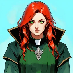 dnd, watercolour, illustration, portrait, rogue, long red hair, green eyes, radiant, priest