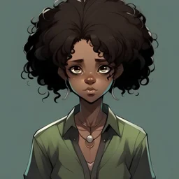 Teenage black girl, anime style, black afro, dark chocolate brown eyes, sage green shirt