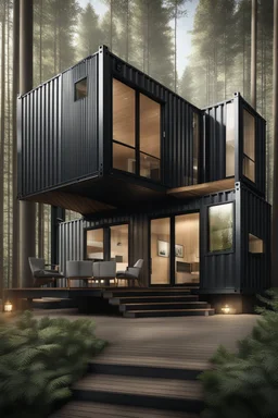 large house in the woods made from shipping containers, photorealistic