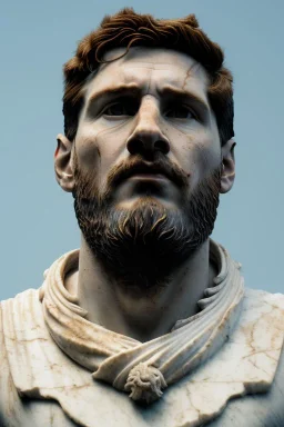 Ultra Realistic image, Roman sculpture, white marble material, Lionel Messi, gold crown of natural thorns, god crown, gold veins, gold ornaments, Renaissance style, sun rays background, waist up portrait, epic, celestial, cinematic lighting, God lights, 4k resolution, smooth details, soft lighting, unreal engine 5, art station, substance 3d.