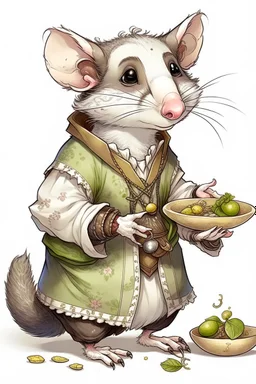 A drawing of a cute opossum in a male medieval maid outfit. he has potions on his belt and is holding some food on a plate.