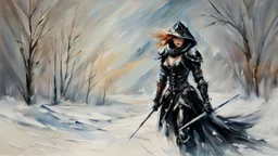 a warrior woman in black armor on the background of a cold snow-covered country, ice and crystal, frost and snow, oil and pastel, by Leonid Afremov & William Kentridge & Anna Razumovskaya