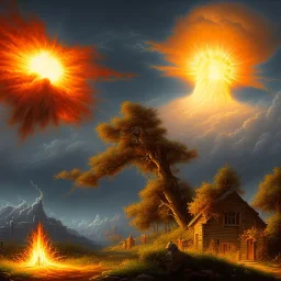  Jesus on the background of a nuclear explosion, in the dark, darkness, photorealistic illustration, 8k